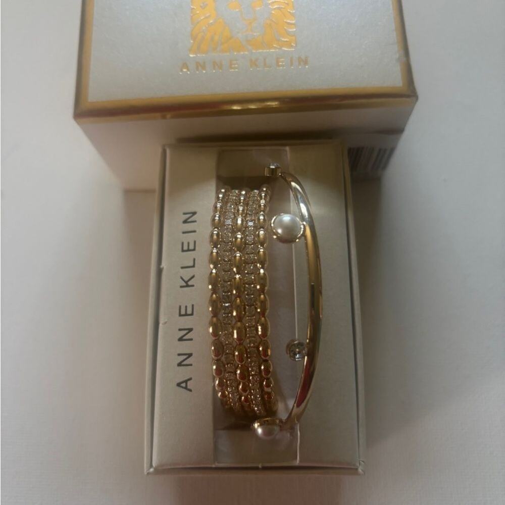 Anne Klein Women’s Gold Tone Beaded and Pearl Bangle Bracelet Set